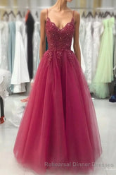 Wine Red Tulle Straps Lace Applique Long Semi Formal Prom Dress, Wine Red Semi Formal Prom Dress